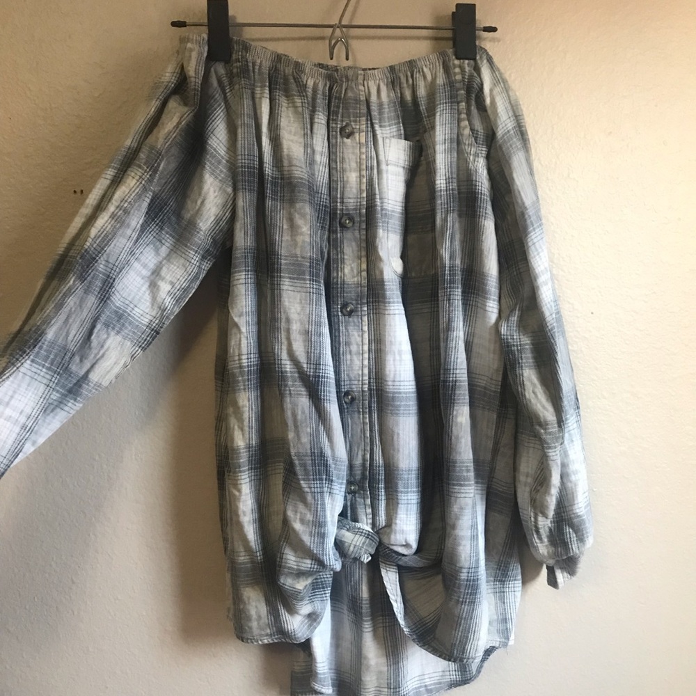 Off the shoulder plaid shirt